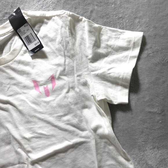 Adidas Lionel Messi Futbol Graphic Tee White Pink Blue Men's Medium NWT - Picture 5 of 8